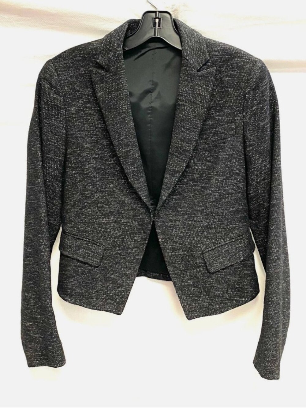 Theory Womens Crop Blazer Jacket Long Sleeve Notch Lapel Hook Closure Tweed - Picture 1 of 6
